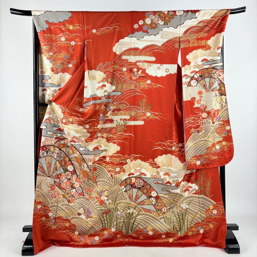 振袖 身丈173.5cm 裄丈67.5cm L 袷 片輪車 花鳥 金彩 朱色 正絹 秀品
