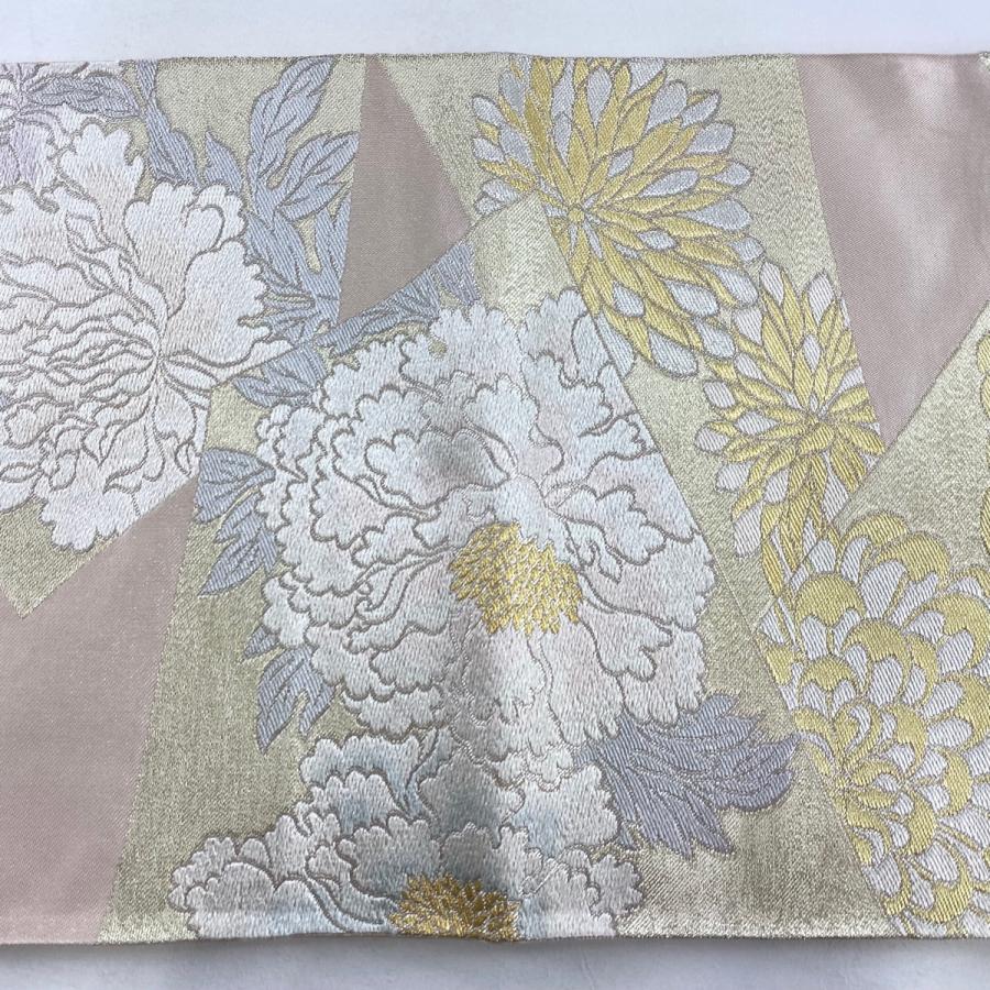 美品 袋帯 秀品 川島織物 落款あり 牡丹 菊 金銀糸 刺繍 薄ピンク 六通