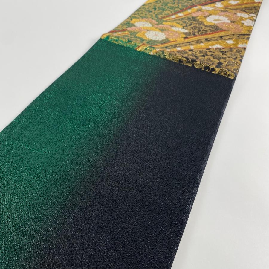 美品 袋帯 秀品 振袖向き 草花 箔散らし 金糸 箔 墨色 六通 正絹 中古