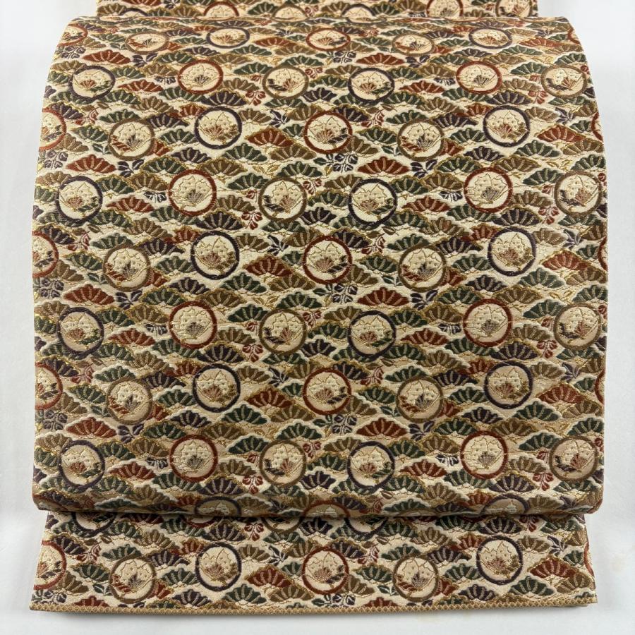 美品 袋帯 秀品 関西仕立て 蝶 笠松 金糸 箔 ベージュ 六通 正絹 中古