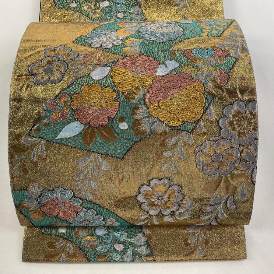 袋帯 秀品 辻が花浪漫 扇面 金銀糸 箔 金色 六通 正絹 中古 : リユース