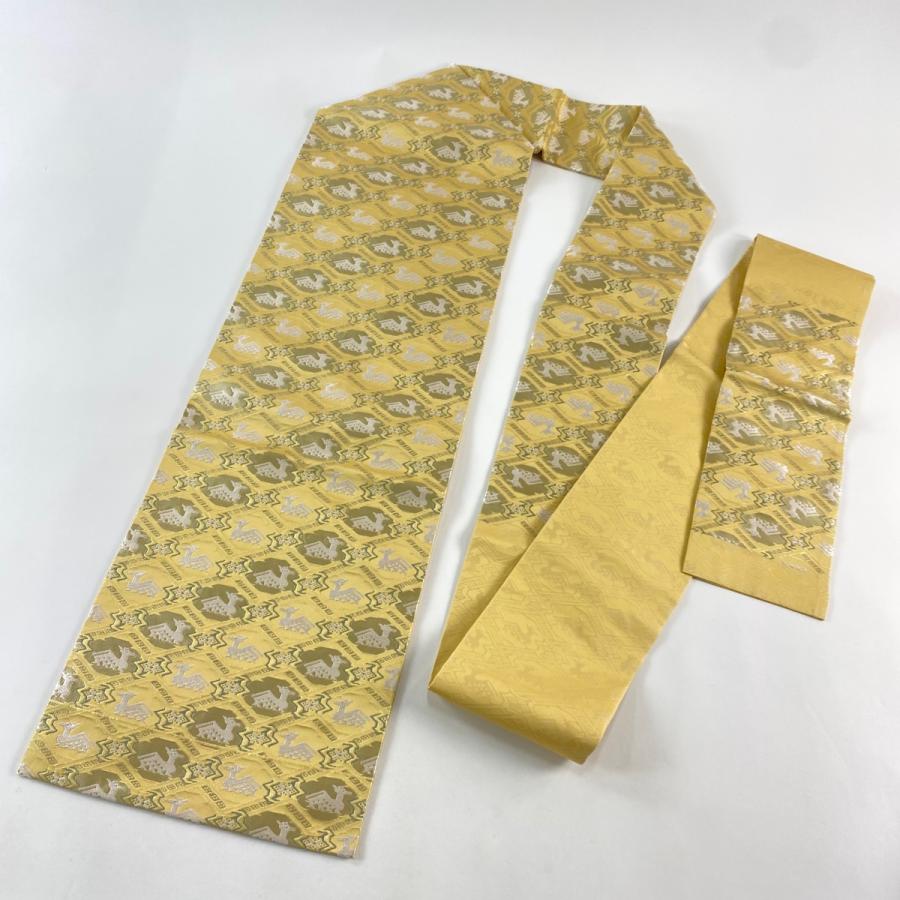 美品 名古屋帯 秀品 有栖川文 箔 薄黄土色 正絹 中古 : リユース