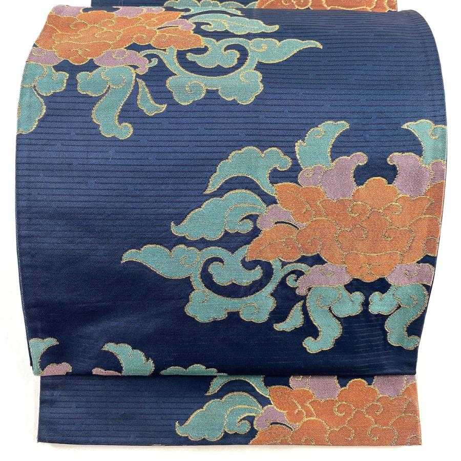 名古屋帯 秀品 花唐草 金糸 箔 紺色 正絹 中古 : リユースセレクト