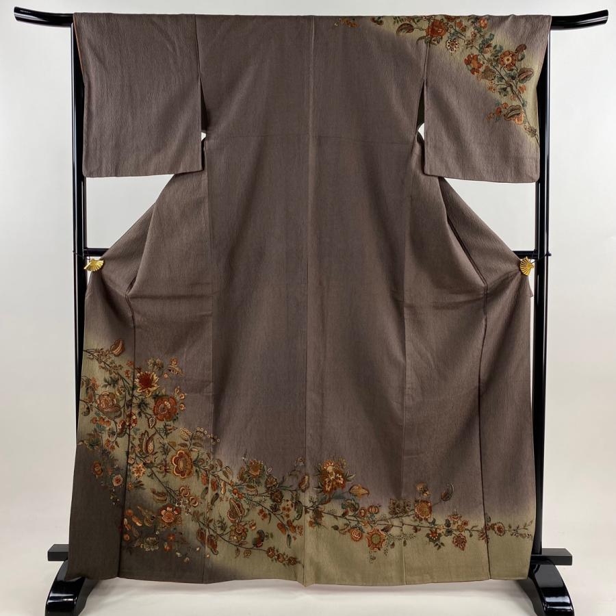 訪問着 身丈166cm 裄丈65.5cm M 袷 草花 金彩 ぼかし 茶紫 正絹 秀品