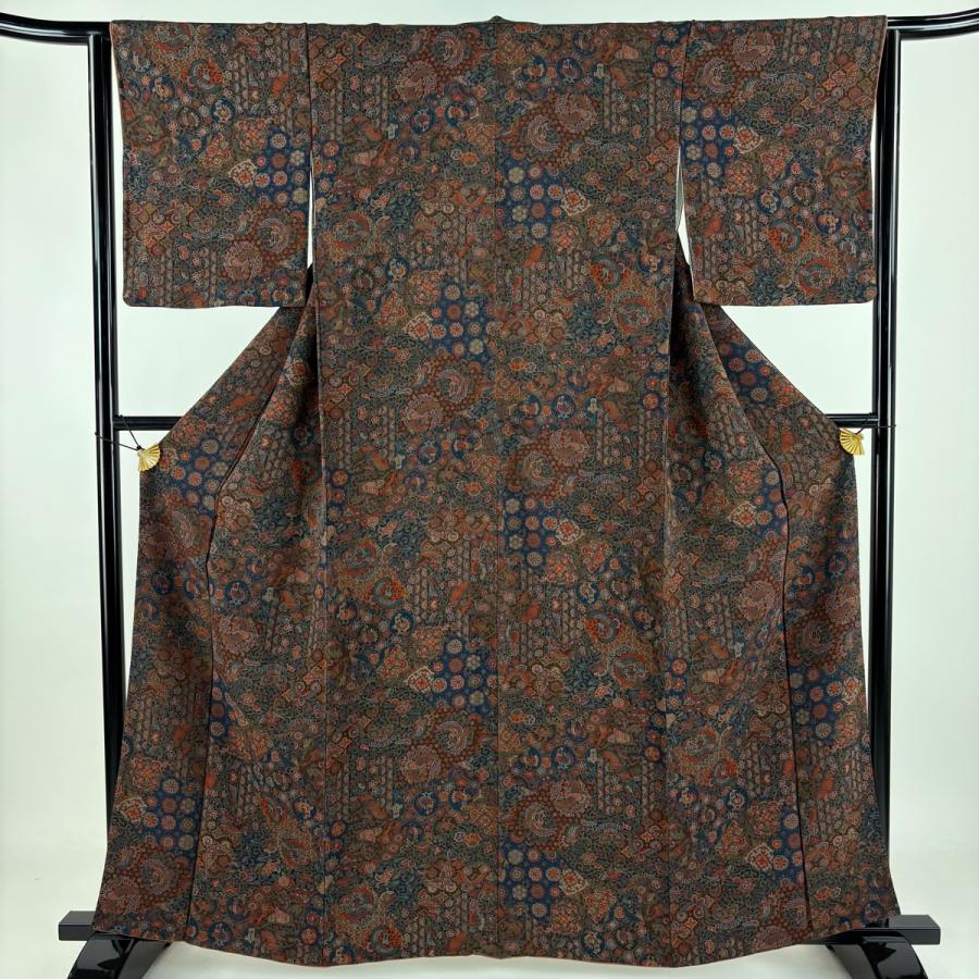 小紋 身丈161.5cm 裄丈62.5cm S 袷 草花 鳥 縮緬 茶色 正絹 美品 秀品