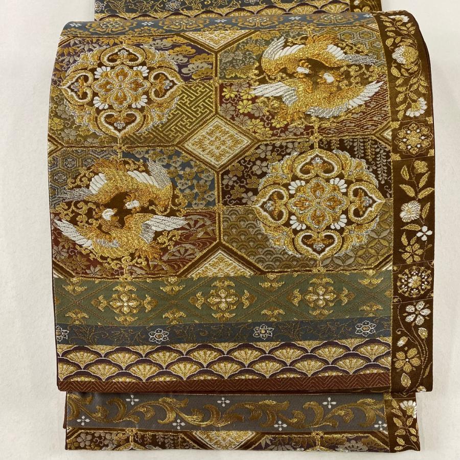 袋帯 美品 秀品 華文 向い鳥 金銀糸 箔 茶色 六通 正絹 中古