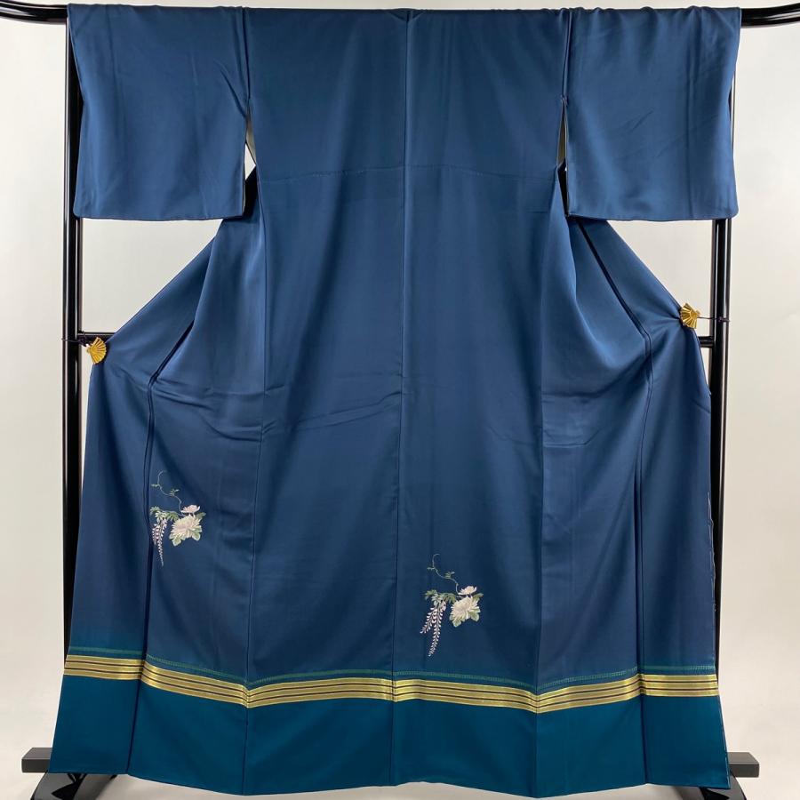 付下げ 身丈163cm 裄丈67cm M 袷 菊 横縞 金糸 刺繍 藍色 正絹 秀品