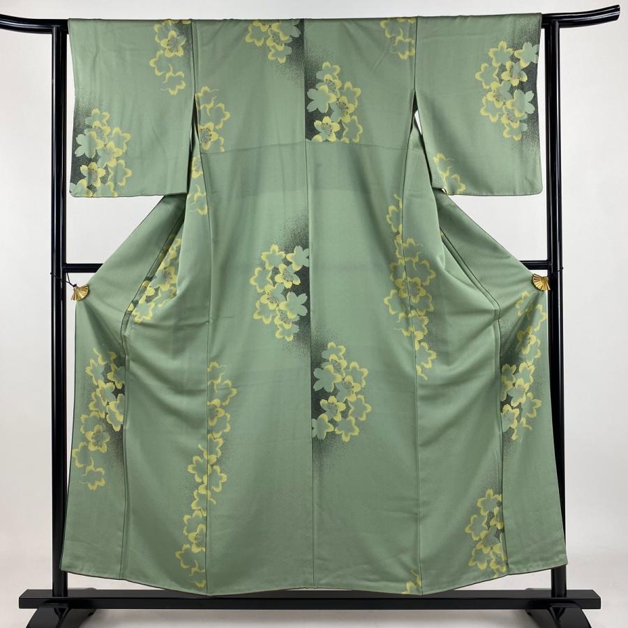 小紋 身丈155cm 裄丈62.5cm S 袷 桜 金彩 薄緑 正絹 秀品 中古