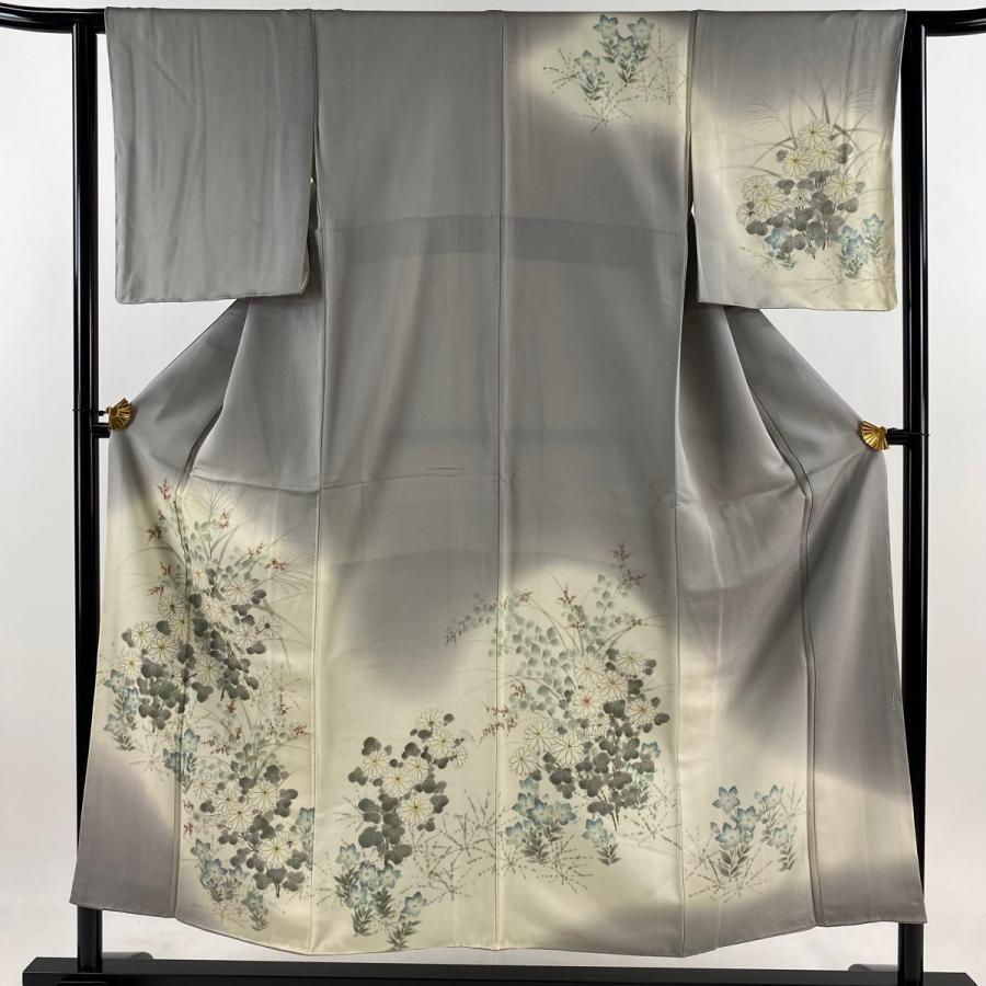 訪問着 身丈152.5cm 裄丈62.5cm S 袷 菊 桔梗 ぼかし 灰色 正絹 秀品