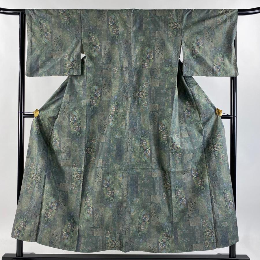 美品 紬 身丈152cm 裄丈65.5cm M 袷 短冊 草花 緑 正絹 秀品 中古