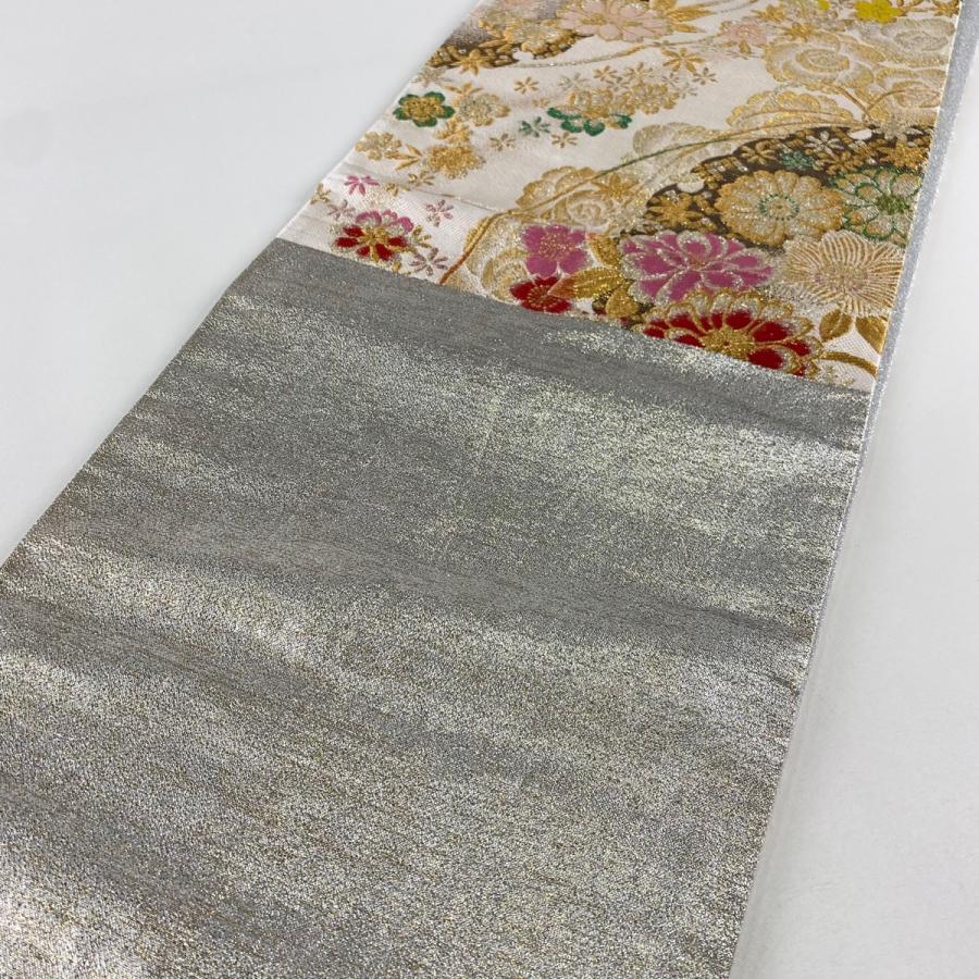 袋帯 美品 秀品 草花 雪輪 金糸 箔 クリーム 六通 正絹 中古