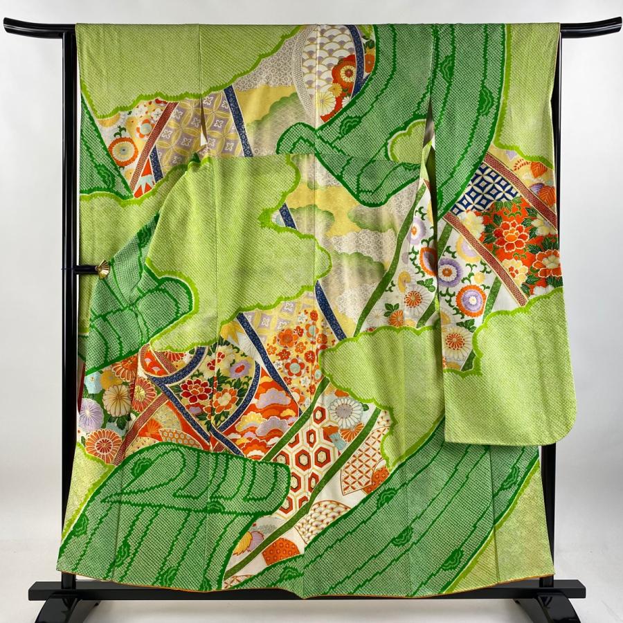 振袖 身丈157.5cm 裄丈65.5cm M 袷 菊 扇 刺繍 絞り 黄緑色 正絹 秀品