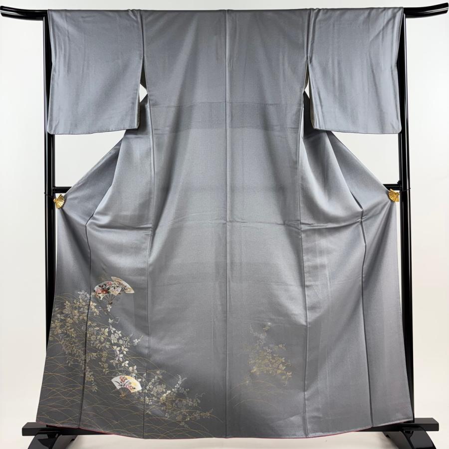付下げ 身丈163cm 裄丈65.5cm M 袷 扇 草花 金銀彩 ぼかし 灰色 正絹