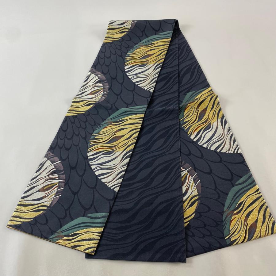 袋帯 美品 秀品 幾何学模様 箔 金糸 灰色 六通 正絹 中古