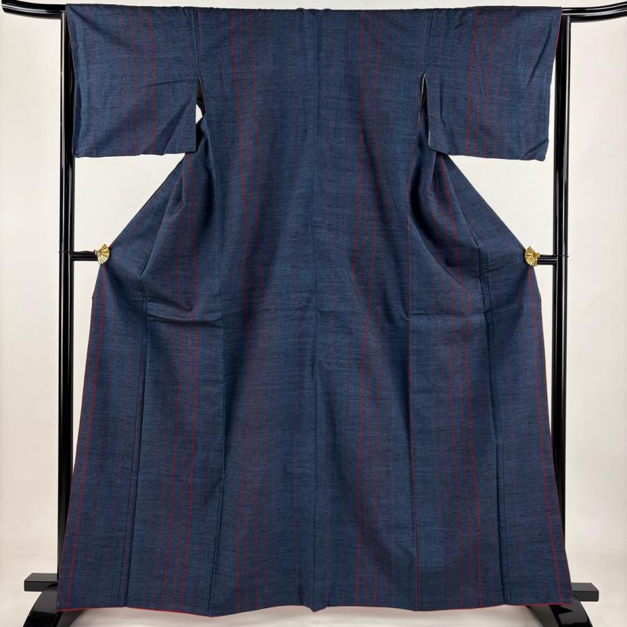 紬 身丈164.5cm 裄丈64.5cm M 袷 縦縞 紺色 正絹 優品 中古 : リユース