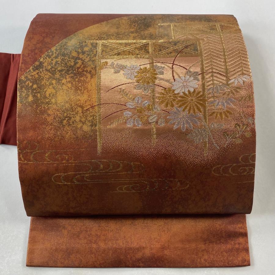 名古屋帯 美品 優品 菊 笹 金銀糸 箔 えんじ色 正絹 中古 : リユース