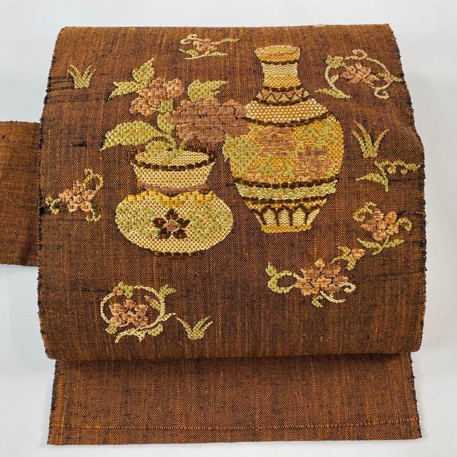 美品 名古屋帯 優品 関西仕立て 花器 草花 赤茶 正絹 中古 : リユース