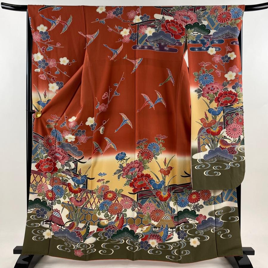 振袖 身丈164cm 裄丈66cm M 袷 草花 鴛鴦 染め分け 縮緬 朱色 正絹