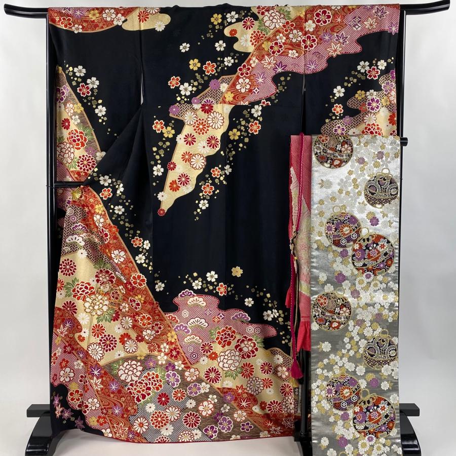 美品 振袖 身丈168.5cm 裄丈66cm M 袷 袋帯フルセット 手鞠 牡丹