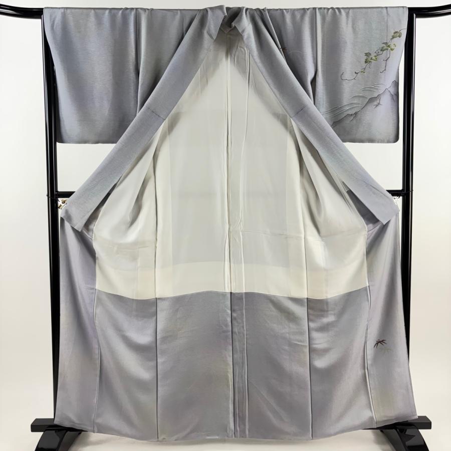 訪問着 身丈163cm 裄丈64.5cm M 袷 草花 山並み ぼかし 灰紫 正絹 秀品