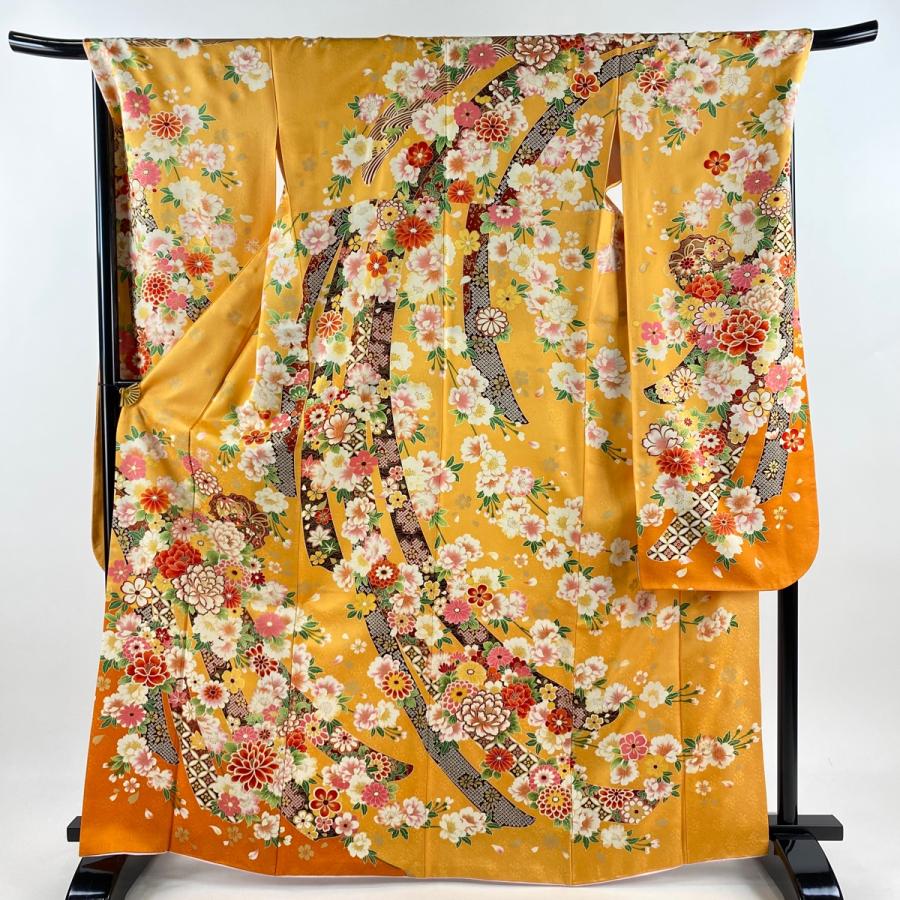 美品 振袖 身丈167cm 裄丈69cm L 袷 牡丹 手鞠 金彩 ぼかし 山吹色