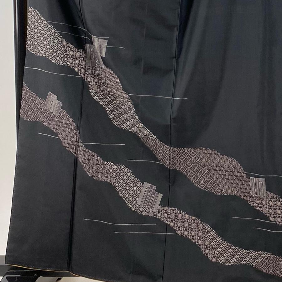 訪問着 身丈163cm 裄丈64.5cm M 袷 紬地 源氏香 勇次郎 刺繍 黒 正絹