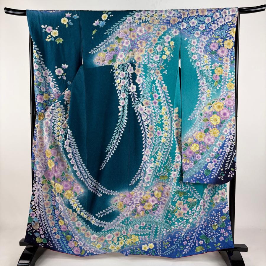 振袖 身丈163cm 裄丈66.5cm M 袷 小寺義一 辻が花 金通し ぼかし 青緑