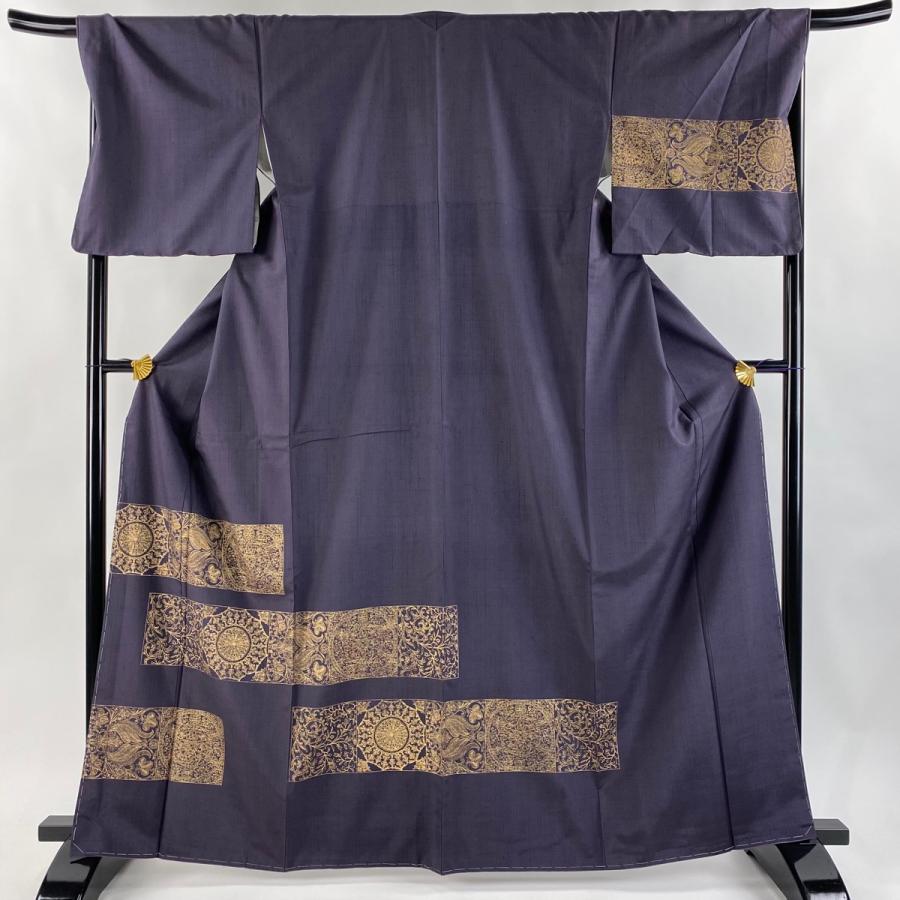 付下げ 身丈164cm 裄丈70cm L 袷 紬地 花唐草 華文 金彩 紫 正絹 逸品