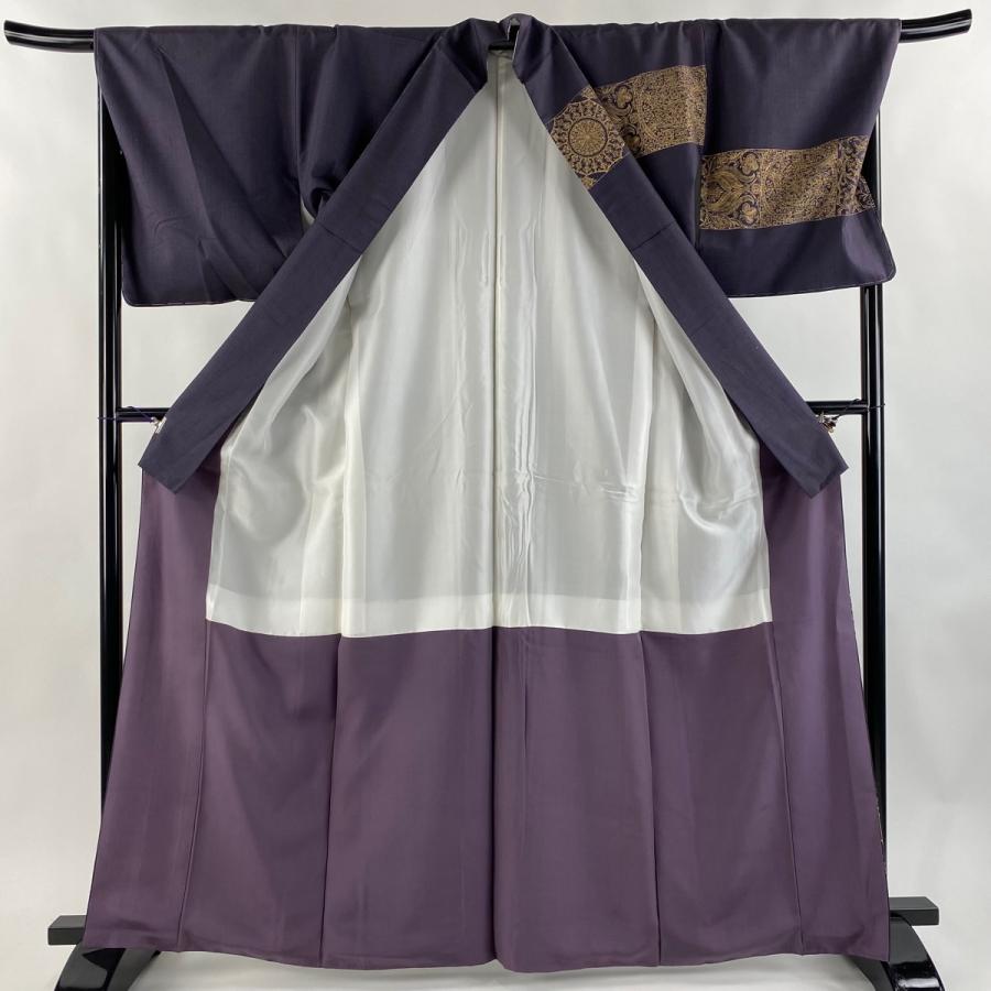 付下げ 身丈164cm 裄丈70cm L 袷 紬地 花唐草 華文 金彩 紫 正絹 逸品