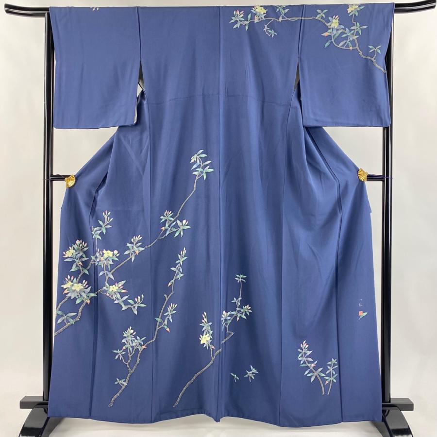 訪問着 身丈163.5cm 裄丈66cm M 袷 寺西一紘 落款あり 枝花 藍色 正絹