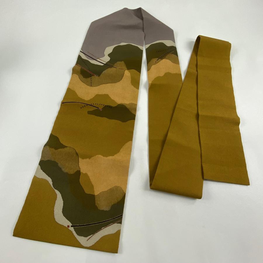 美品 名古屋帯 秀品 幾何学模様 金彩 縮緬 茶緑色 正絹 中古