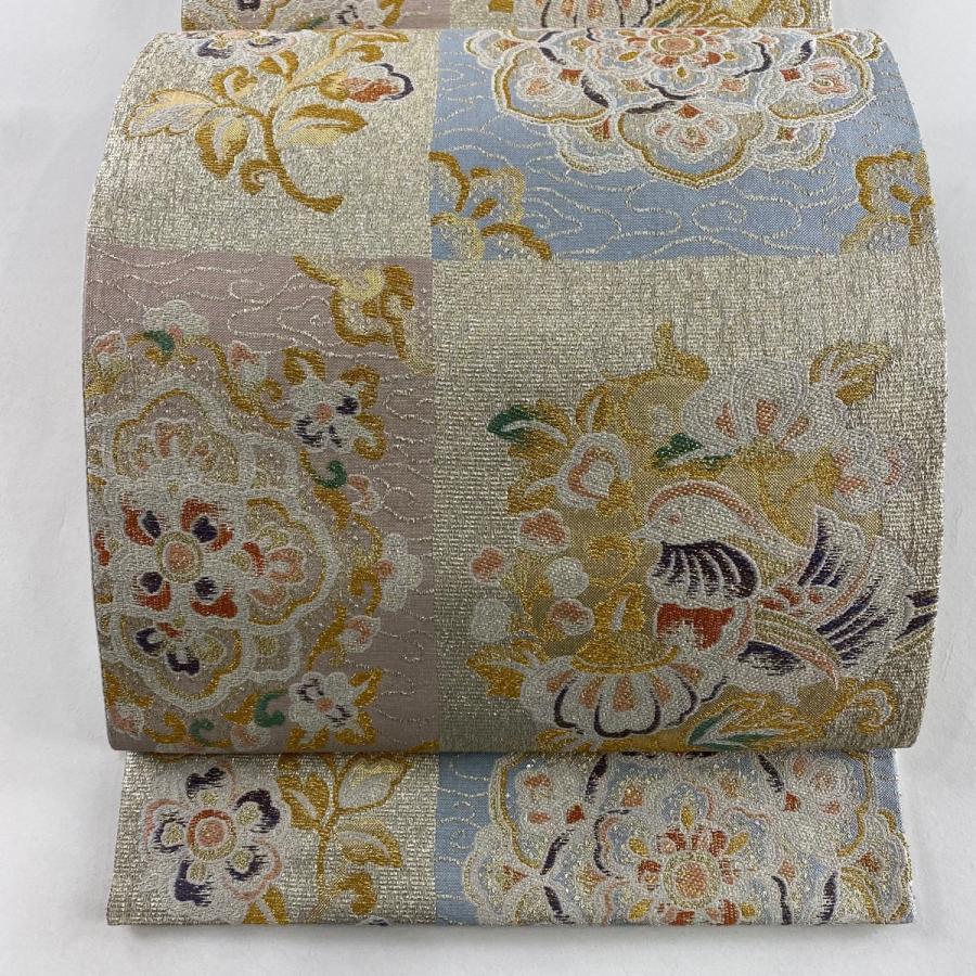 美品 袋帯 秀品 華文 鴛鴦 金銀糸 箔 銀色 六通 正絹 中古 : リユース