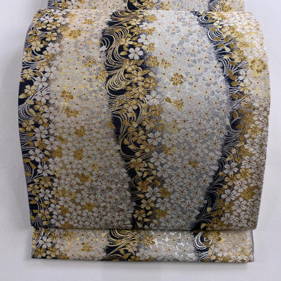 美品 袋帯 秀品 桜 流水 箔 金糸 金色 六通 正絹 中古 : リユース