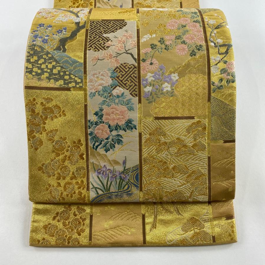 美品 袋帯 秀品 格天井 牡丹 箔 金糸 金色 六通 正絹 中古 : リユース