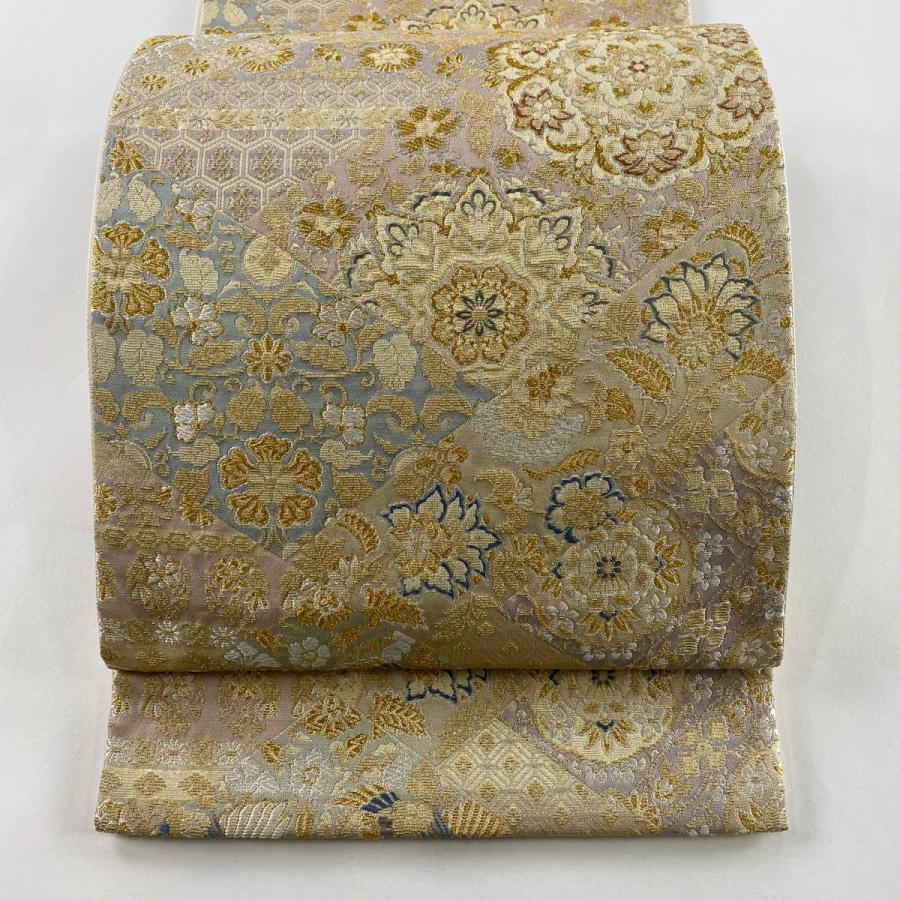 美品 袋帯 秀品 桧垣裂取華文 花鳥 箔 金銀糸 ベージュ 六通 正絹 中古