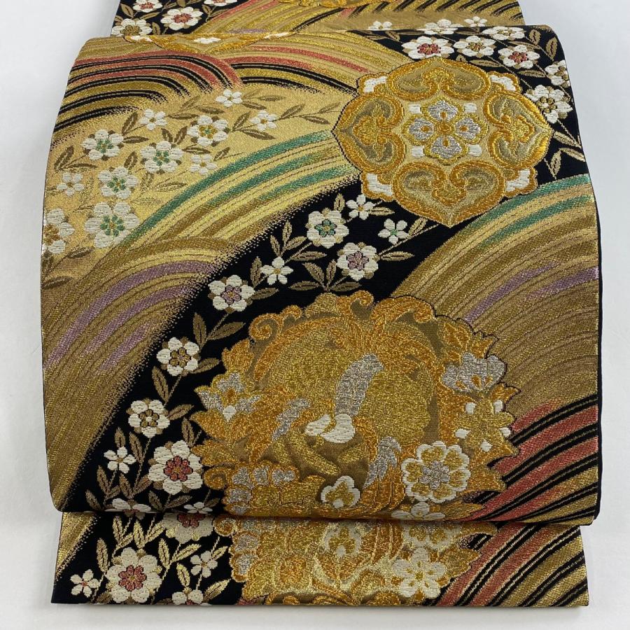 美品 袋帯 秀品 鈴乃屋 華文 波 金糸 箔 金色 六通 正絹 中古