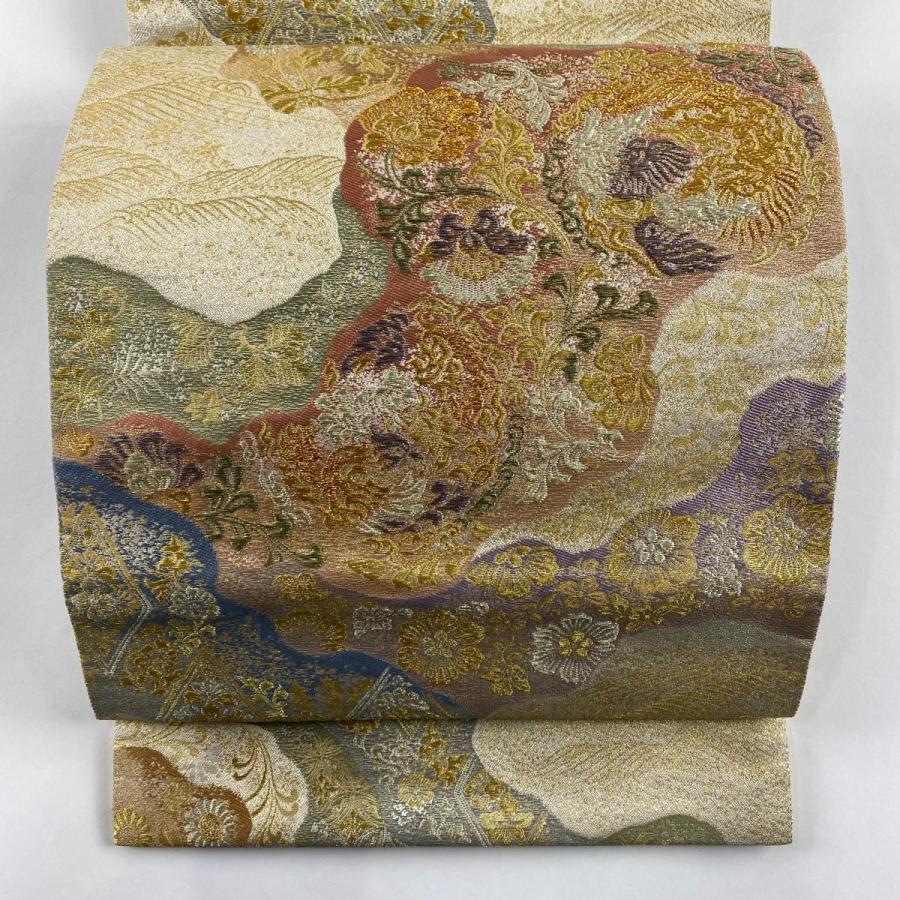 美品 袋帯 秀品 草花 道長取り 金銀糸 箔 ベージュ 六通 正絹 中古