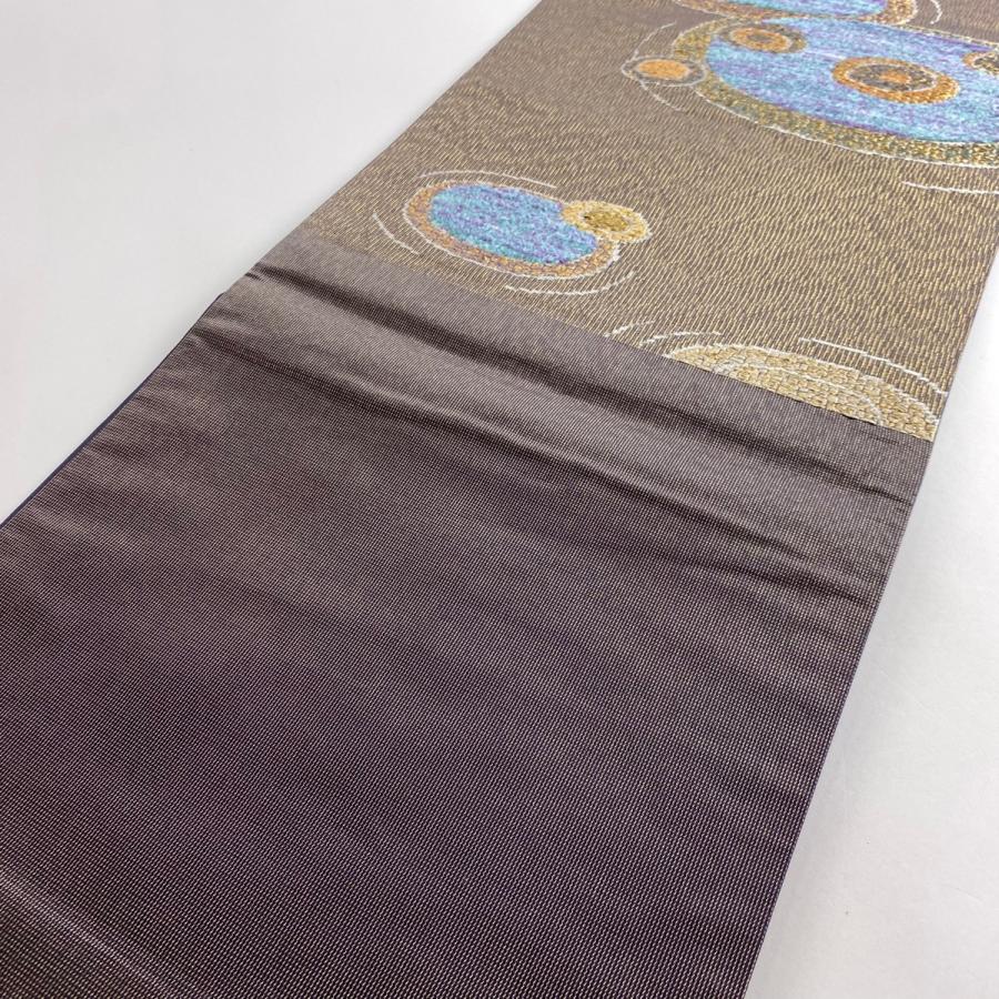 美品 袋帯 名品 証紙あり 幾何学 金糸 箔 金茶 六通 正絹 中古