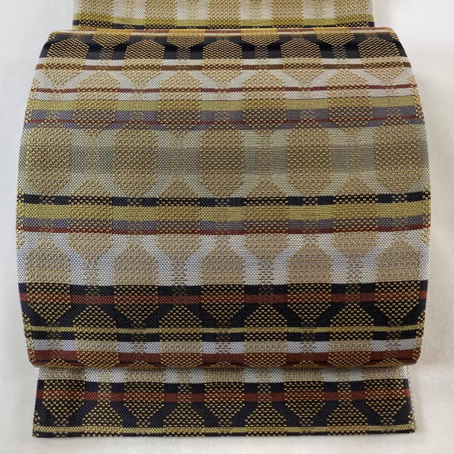 美品 袋帯 逸品 誉田屋源兵衛 落款あり 幾何学 縞 箔 灰色 六通 正絹
