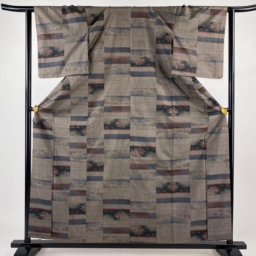 紬 身丈161cm 裄丈64cm M 袷 横段 草花 焦茶色 正絹 秀品 中古 在庫