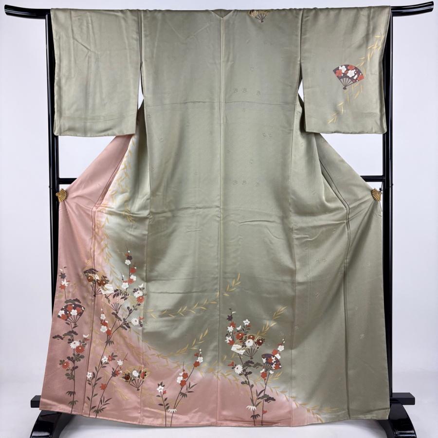 訪問着 身丈168cm 裄丈65.5cm M 袷 扇 枝花 金彩 染め分け 灰緑 正絹