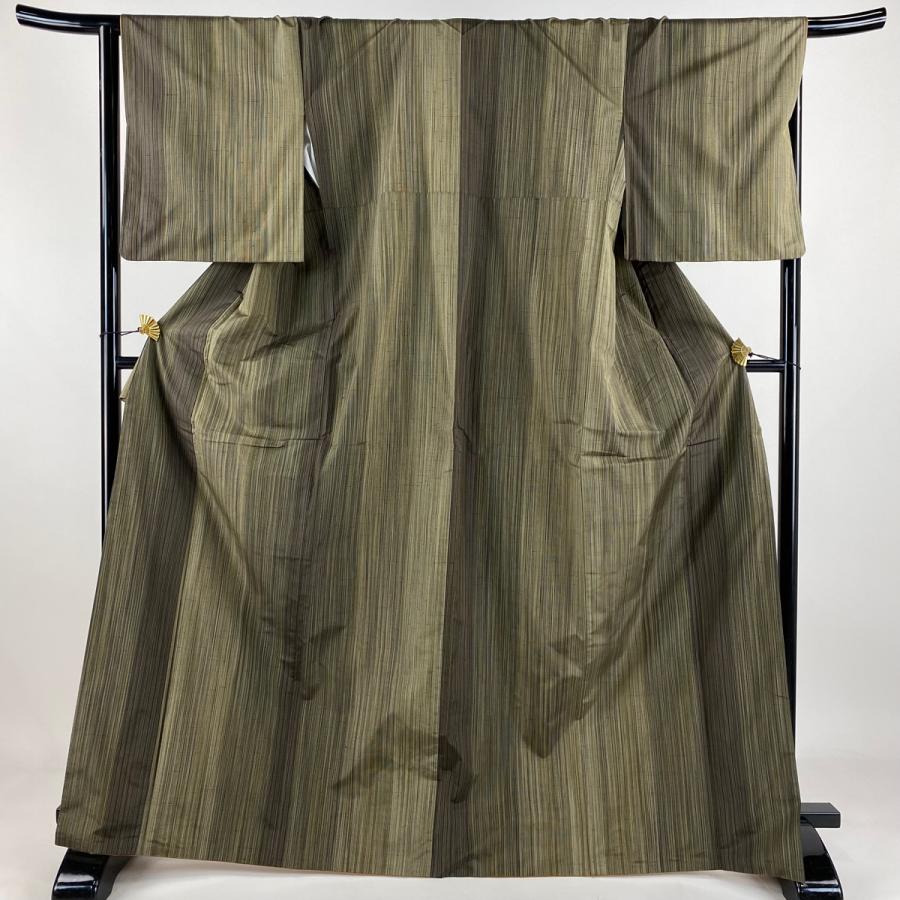 大島紬 身丈168.5cm 裄丈66.5cm M 袷 彩襲 証紙あり 縦縞 茶緑色 正絹