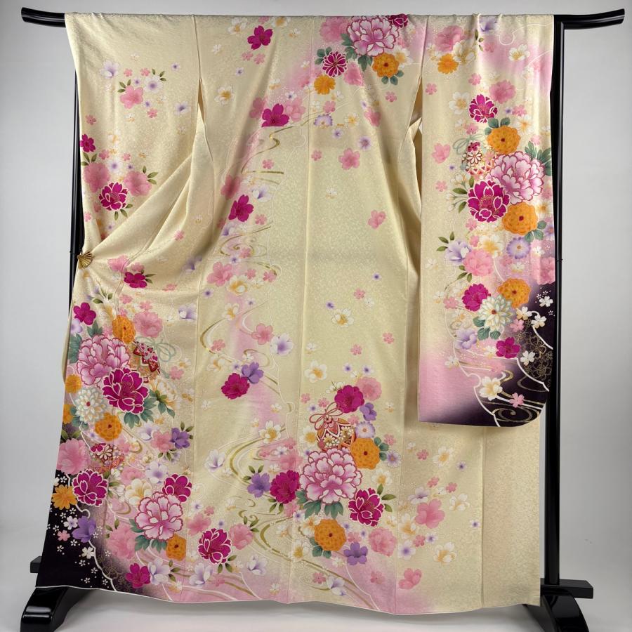 振袖 身丈166.5cm 裄丈68cm L 袷 草花 鈴 金彩 ぼかし 薄黄 正絹 名品