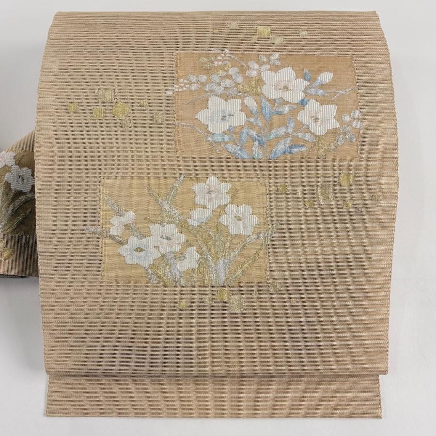 名古屋帯 美品 秀品 夏帯 絽 桔梗 萩 金銀糸 薄茶色 正絹 中古