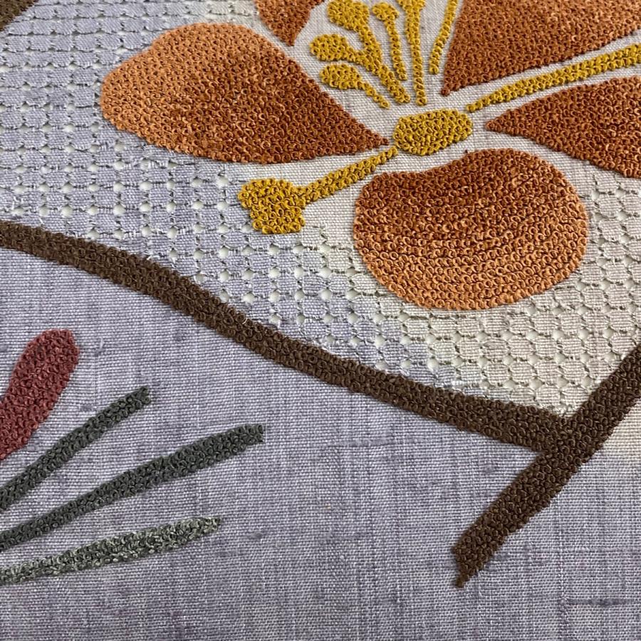 美品 名古屋帯 秀品 梅 松 刺繍 紬地 灰紫 正絹 中古 : リユース