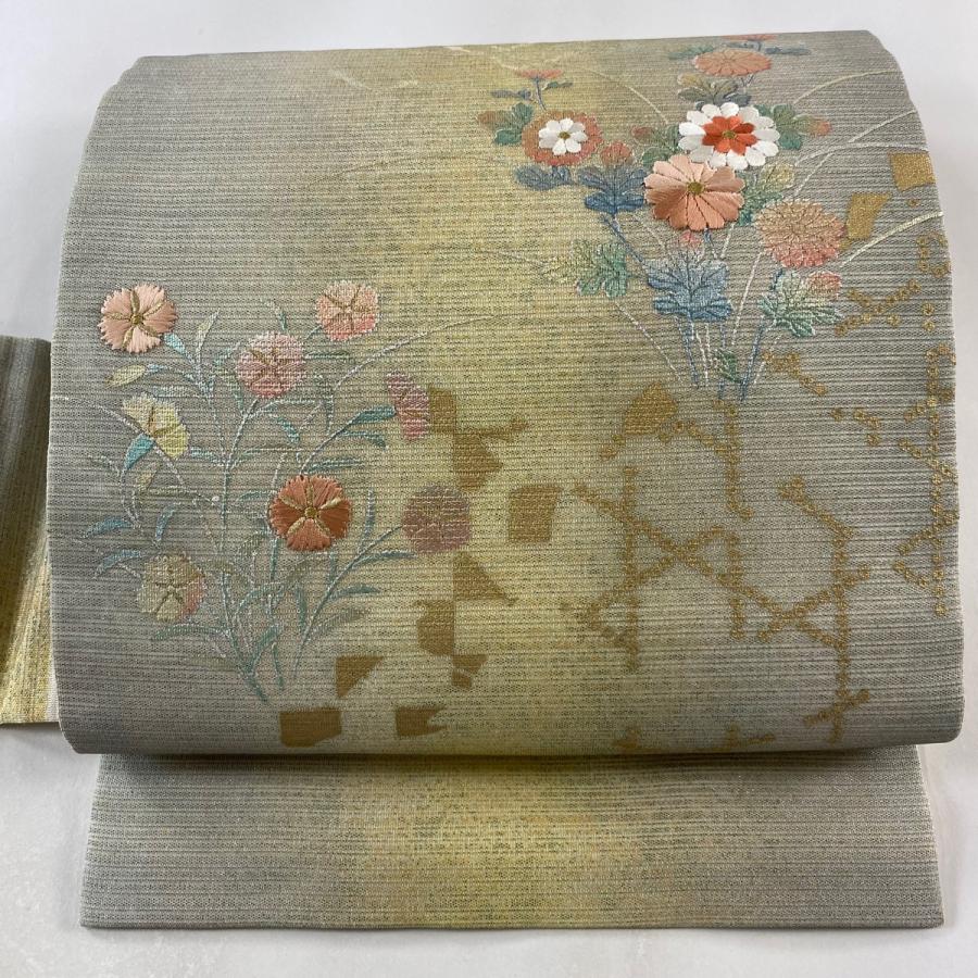 名古屋帯 中古 リサイクル カジュアル 塩瀬 金駒刺繍 鉄色 金銀 A858-5 名古屋帯 中古 リサイクル カジュアル 塩瀬 金駒刺繍 鉄色 金銀 A858-5