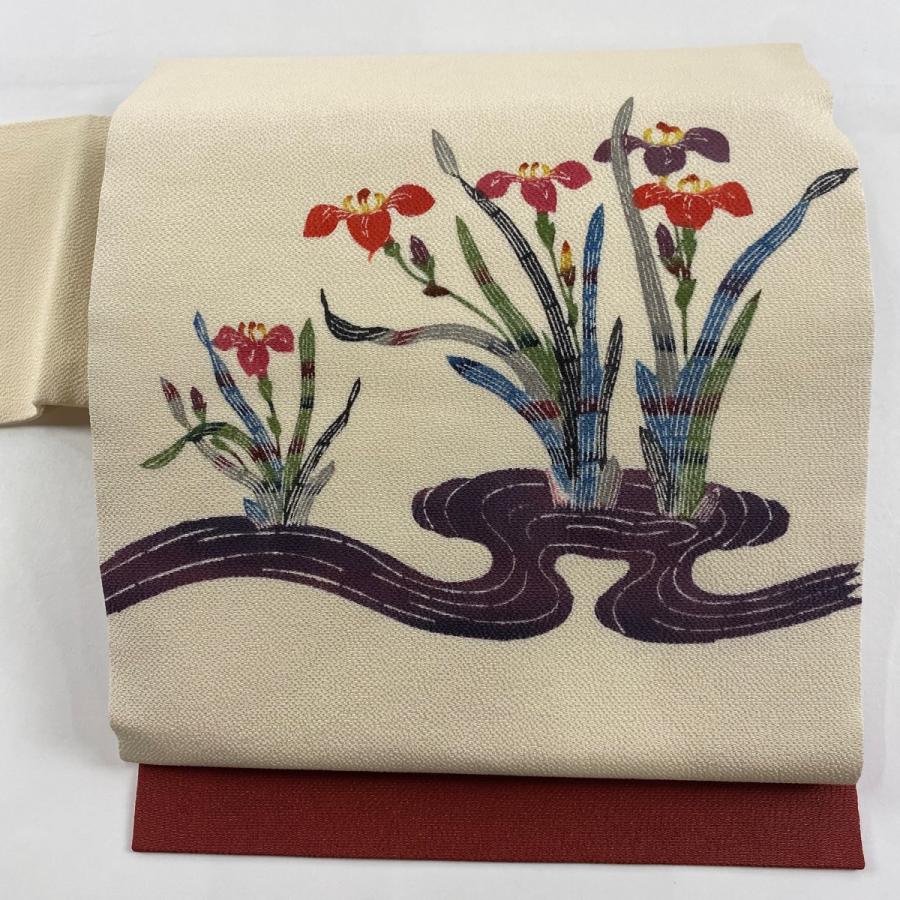 名古屋帯 美品 秀品 菖蒲 縮緬 クリーム 正絹 中古 : リユースセレクト