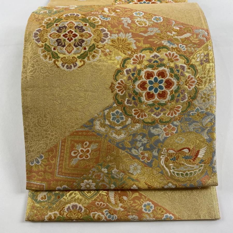 新入荷！！プレス加工済 正絹 礼装用袋帯 銀糸 六通織 変り七宝華文様