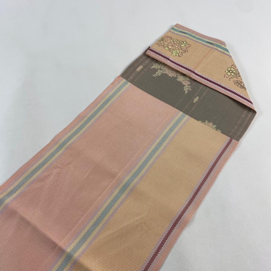 名古屋帯 秀品 松葉仕立て 関西仕立て 八寸名古屋帯 紬地 枝花 縞