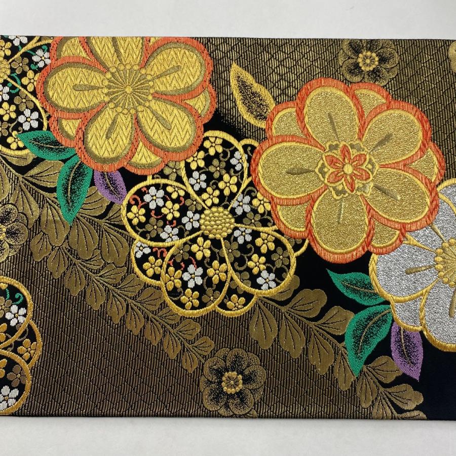 袋帯 秀品 草花 花唐草 金糸 箔 黒 六通 正絹 中古 : リユースセレクト